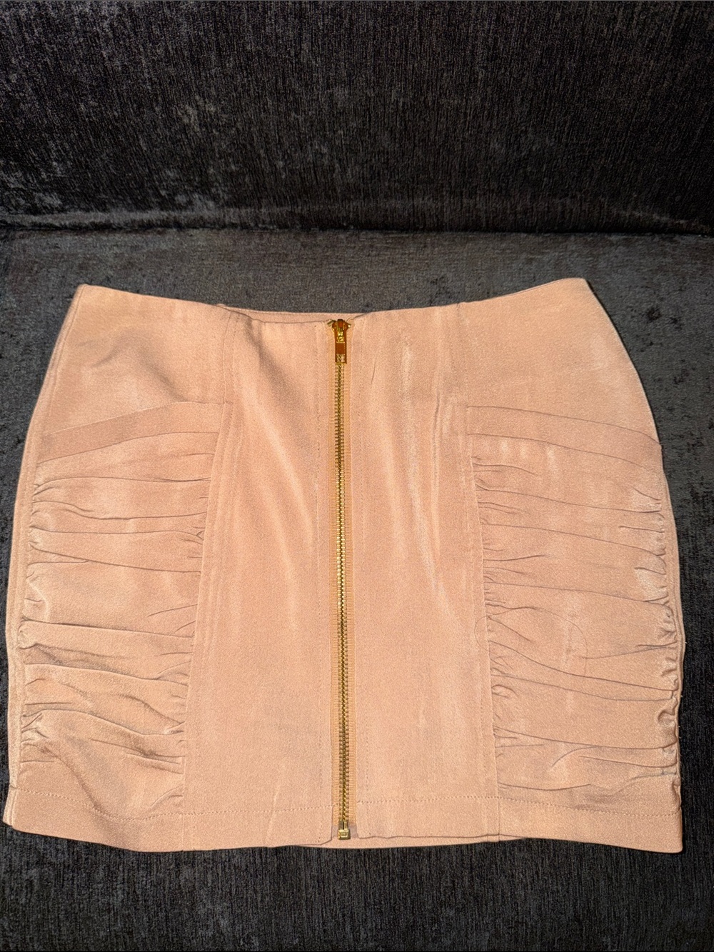 Women's Beige Zip-Front Ruched Mini Skirt